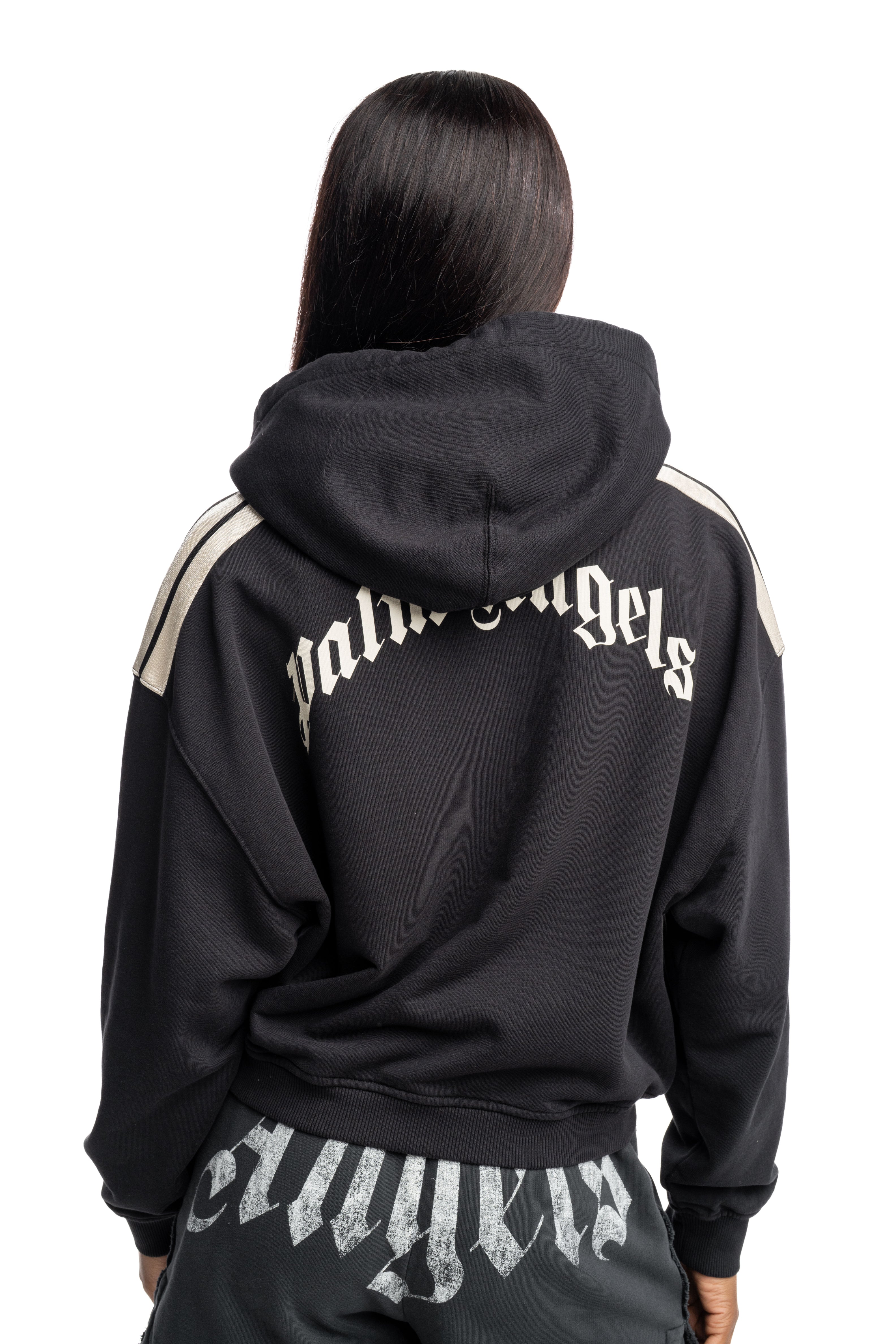Palm Angels Ladies Curved Logo Loose Crop Hoodie | PWBB076S26FLE001-100A
