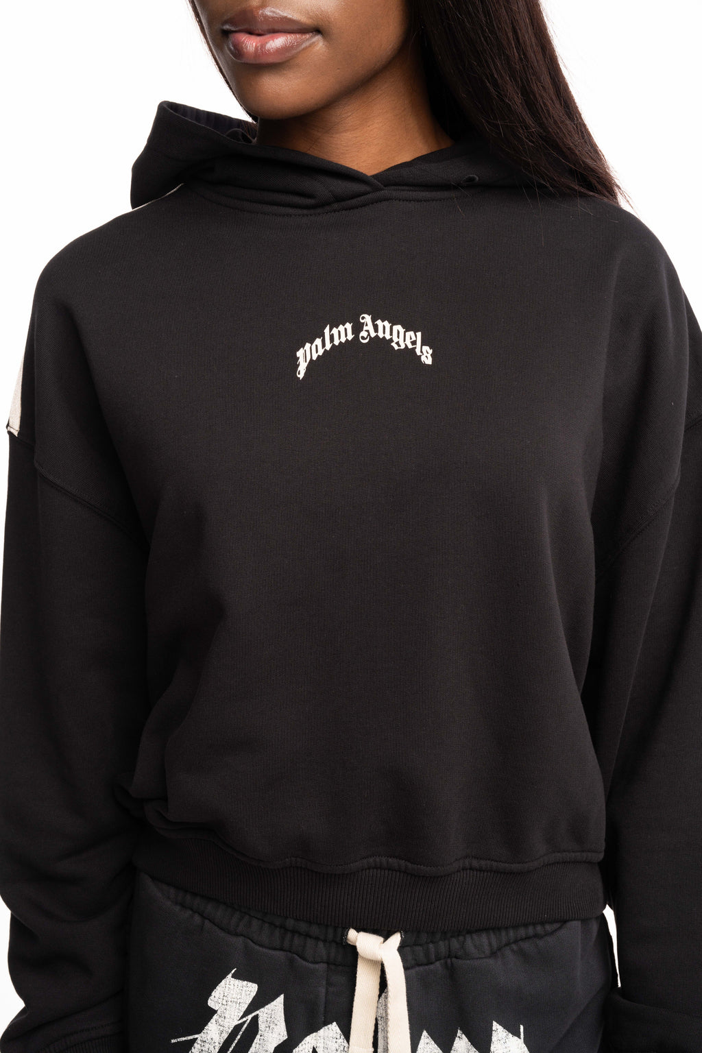 Palm Angels Ladies Curved Logo Loose Crop Hoodie | PWBB076S26FLE001-100A