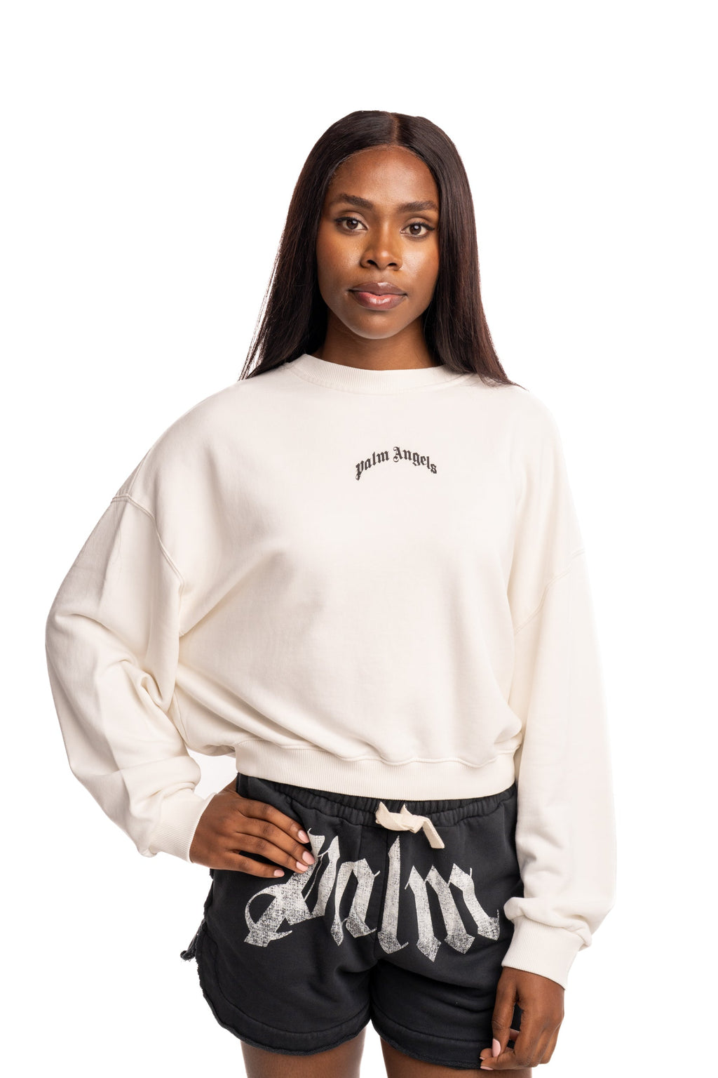 Palm Angels Ladies Curved Logo Loose Crop Crew | PWBA05DS26FLE001-0310