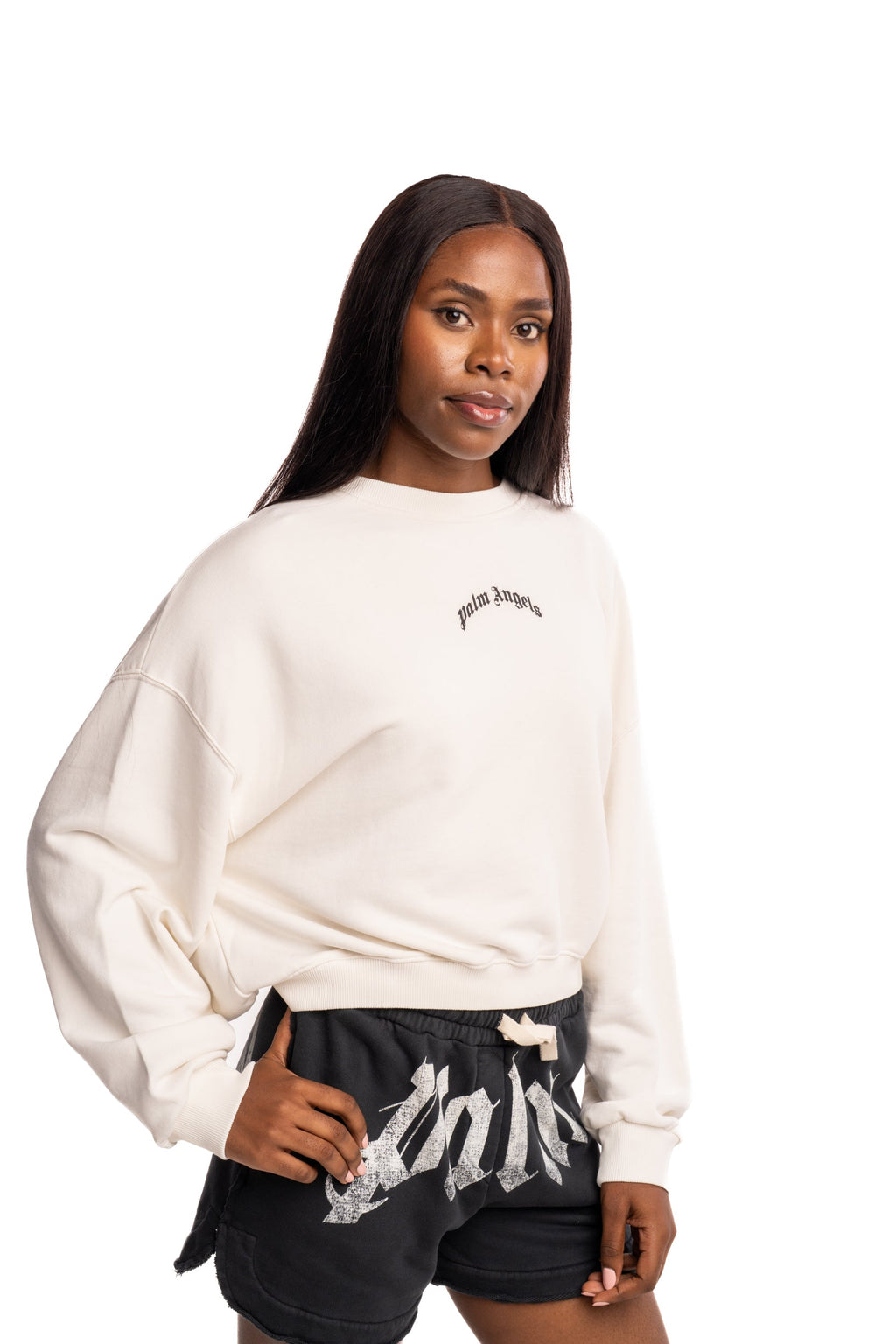 Palm Angels Ladies Curved Logo Loose Crop Crew | PWBA05DS26FLE001-0310