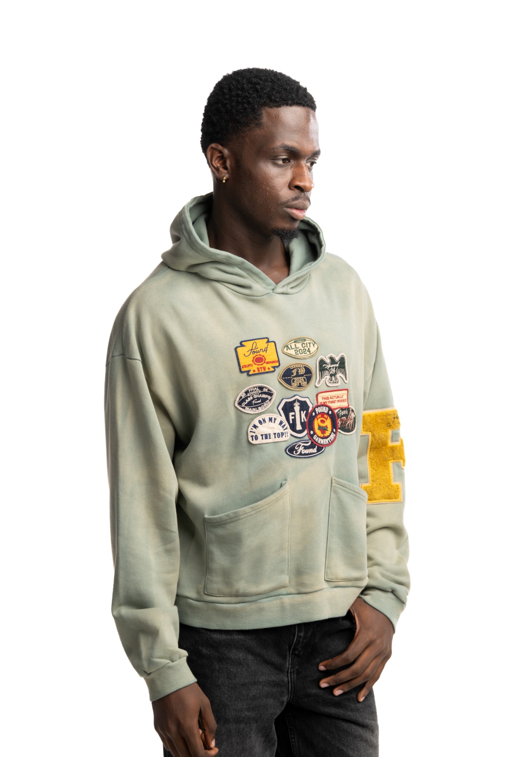 Found Men's Multi Patch Hoodie Washed Sage | FOSS26HO15012-0394