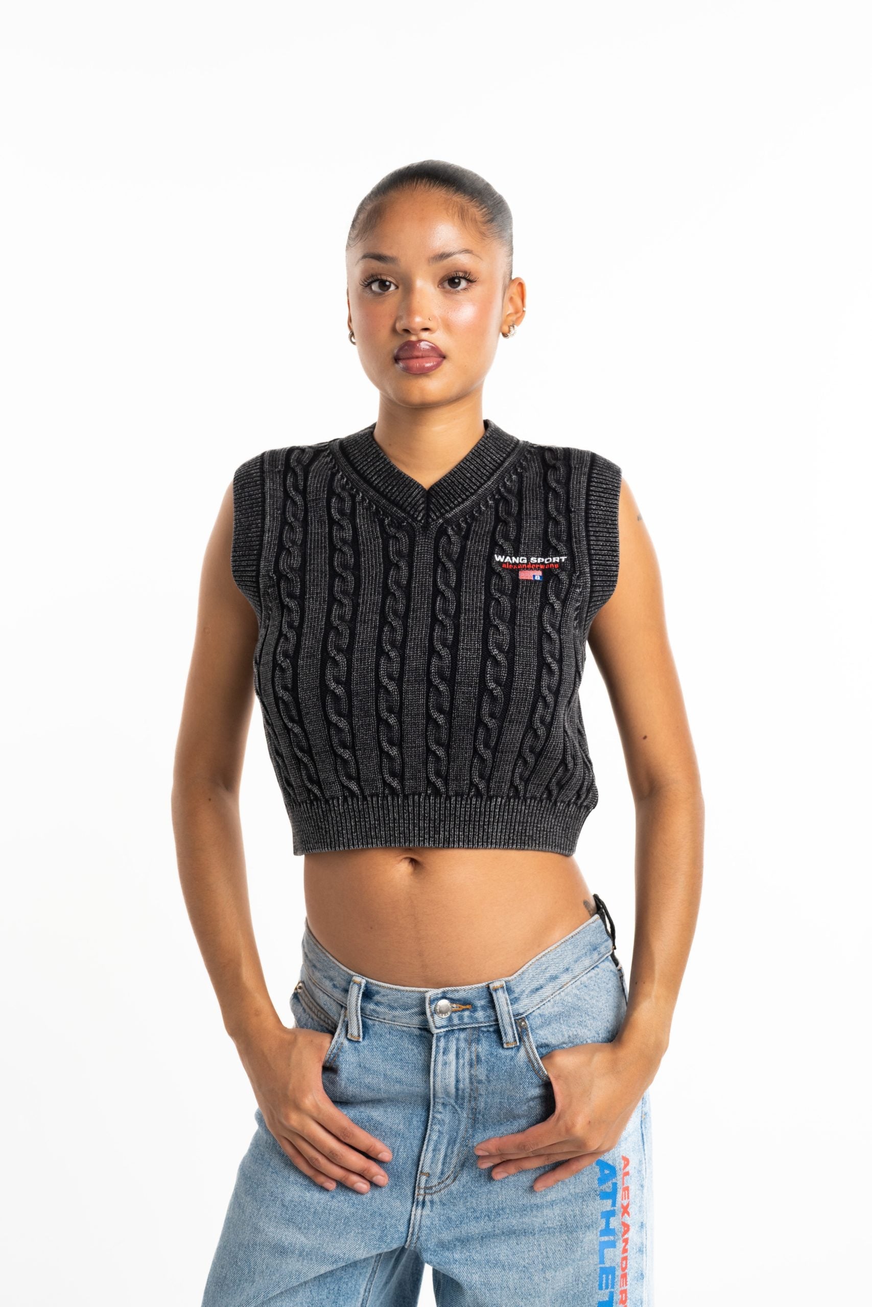 Alexander Wang V Neck Vest w/ Wang Sport Embroidery Washed Black | 4KC2251045-011