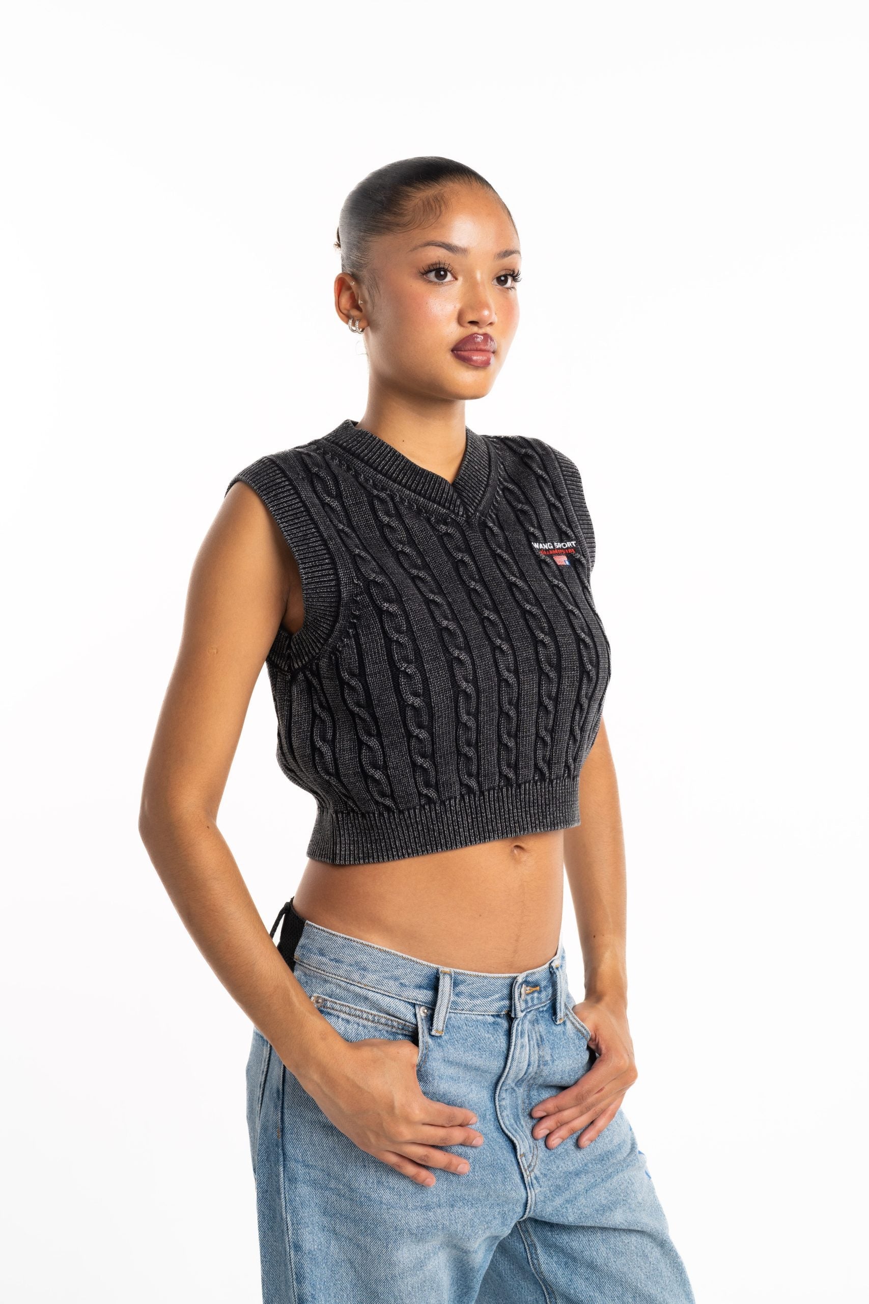 Alexander Wang V Neck Vest w/ Wang Sport Embroidery Washed Black | 4KC2251045-011