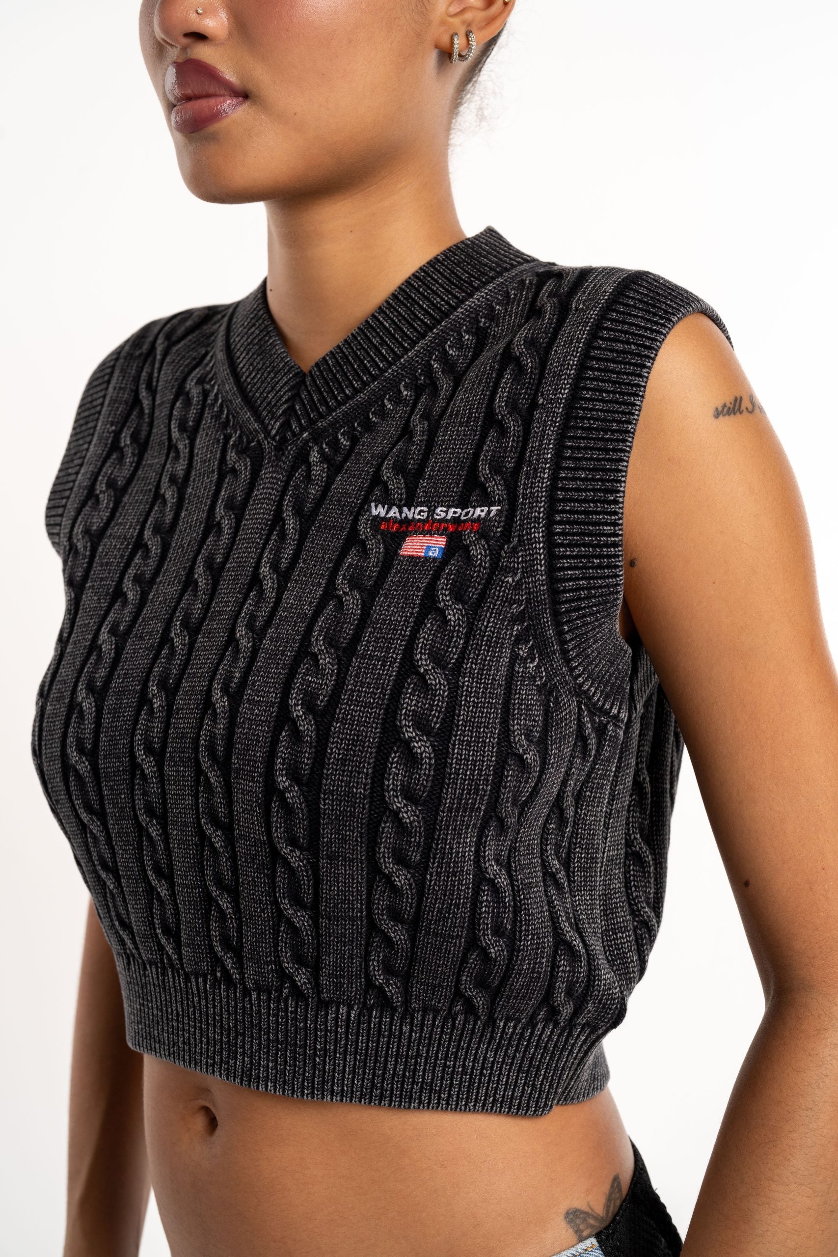 Alexander Wang V Neck Vest w/ Wang Sport Embroidery Washed Black | 4KC2251045-011