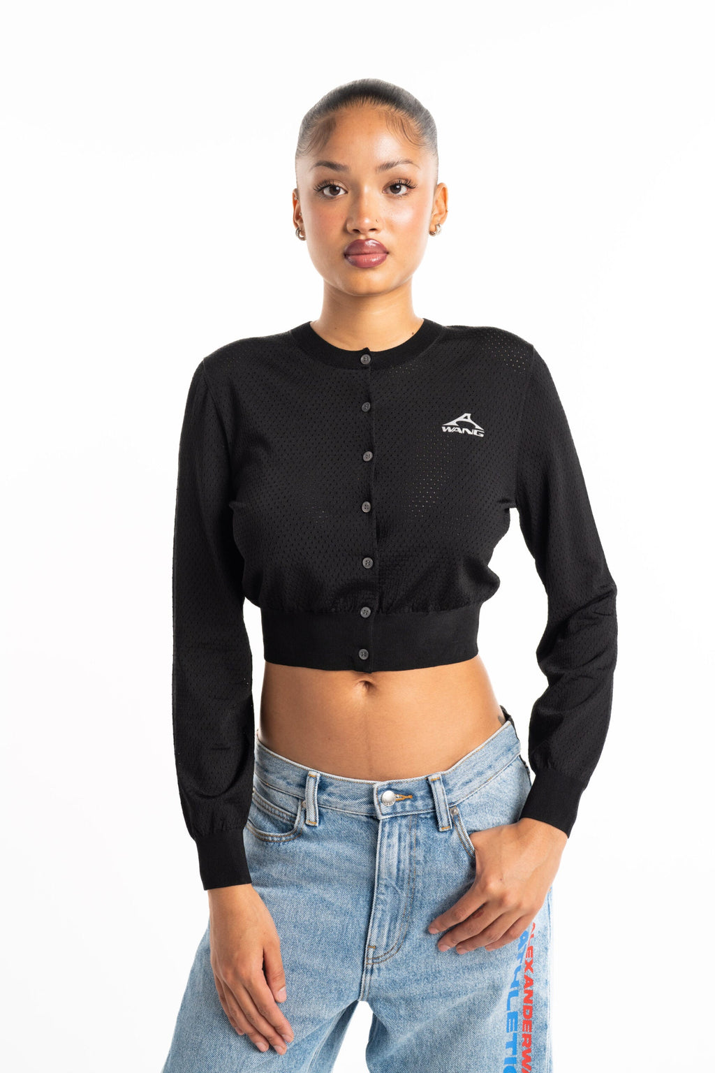 Alexander Wang LS Cropped Crewneck Cardigan w/ Wang Logo Print Black| 4KC2253016-001