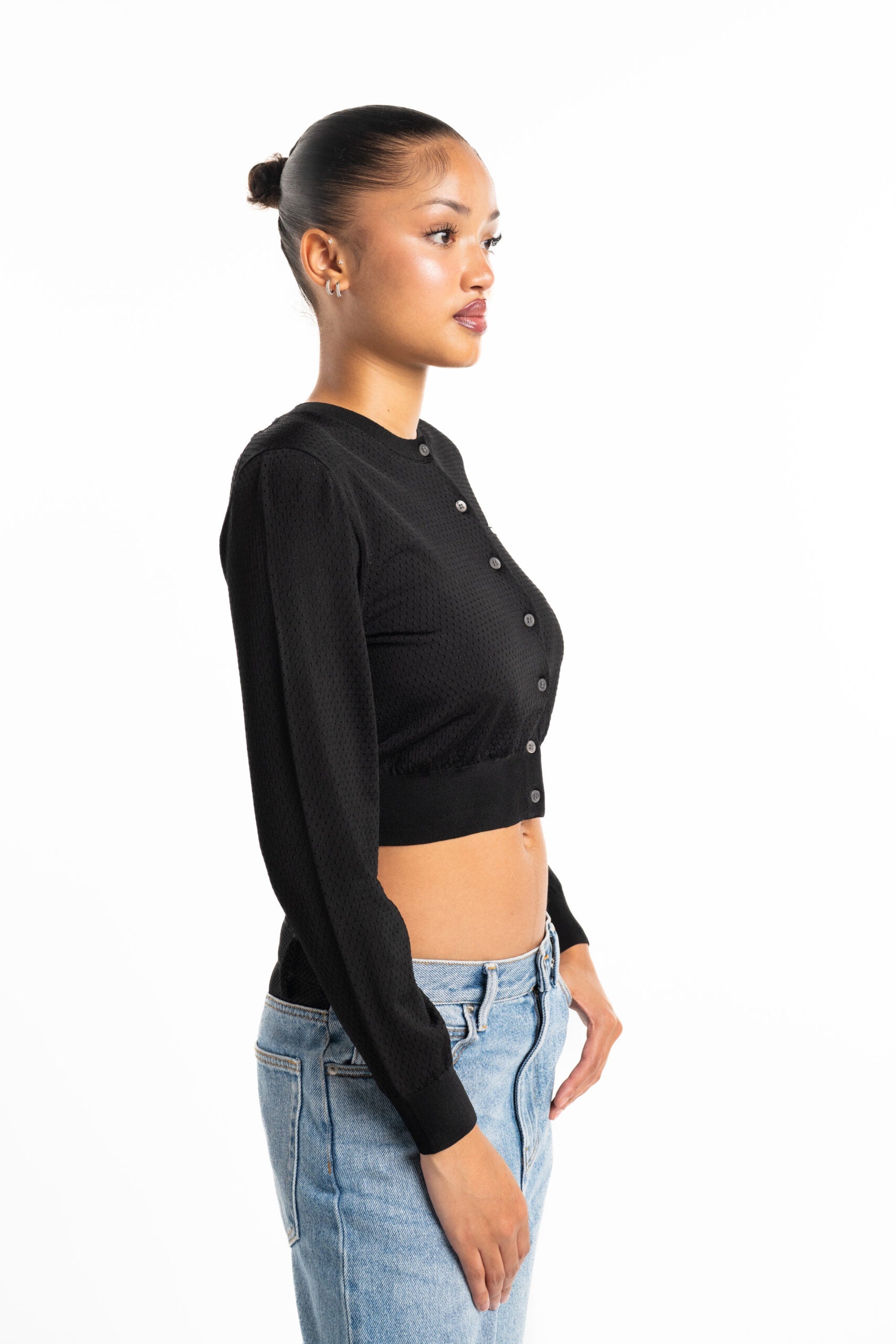 Alexander Wang LS Cropped Crewneck Cardigan w/ Wang Logo Print Black| 4KC2253016-001