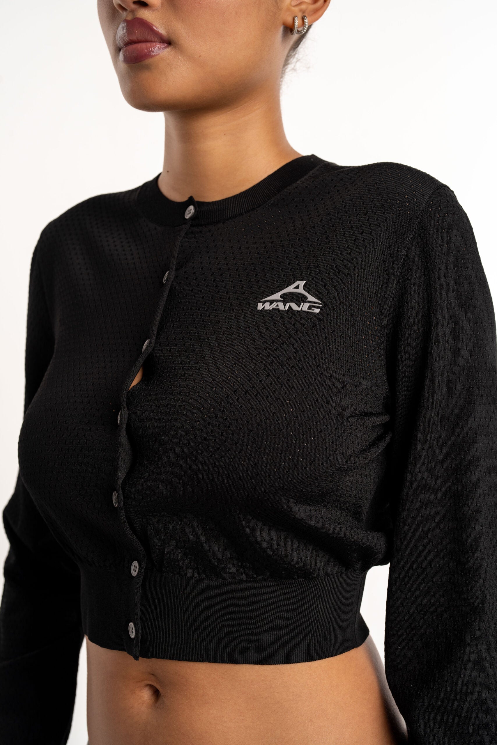 Alexander Wang LS Cropped Crewneck Cardigan w/ Wang Logo Print Black| 4KC2253016-001