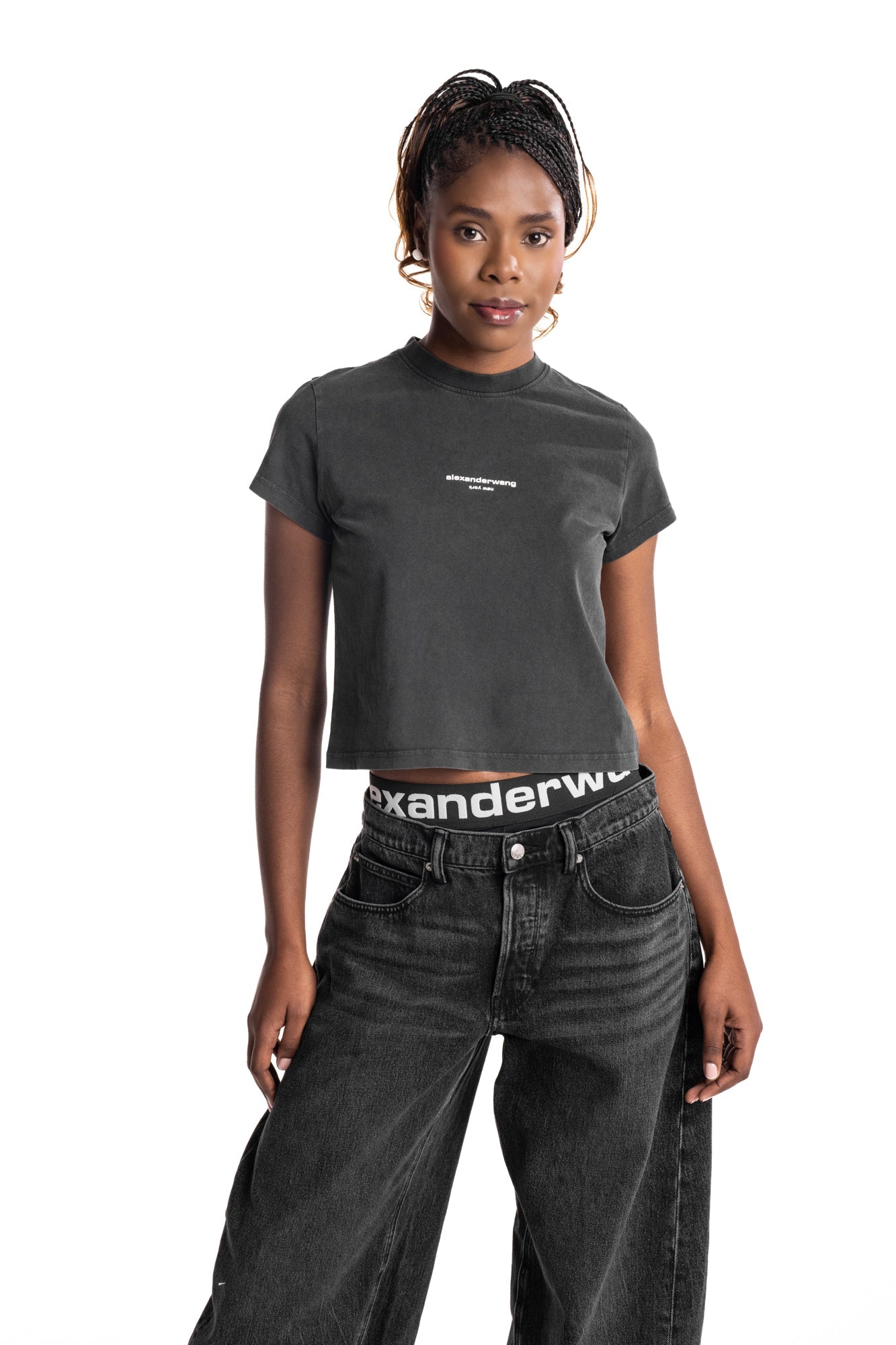 Alexander Wang Shrunken SS Tee w/Logo Print Washed Black | 1CC3261302-011