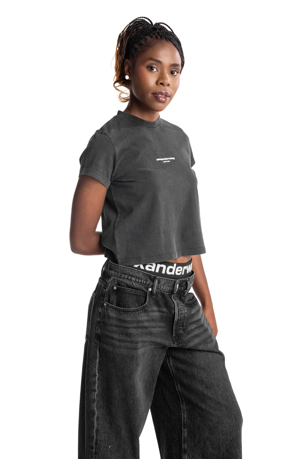Alexander Wang Shrunken SS Tee w/Logo Print Washed Black | 1CC3261302-011