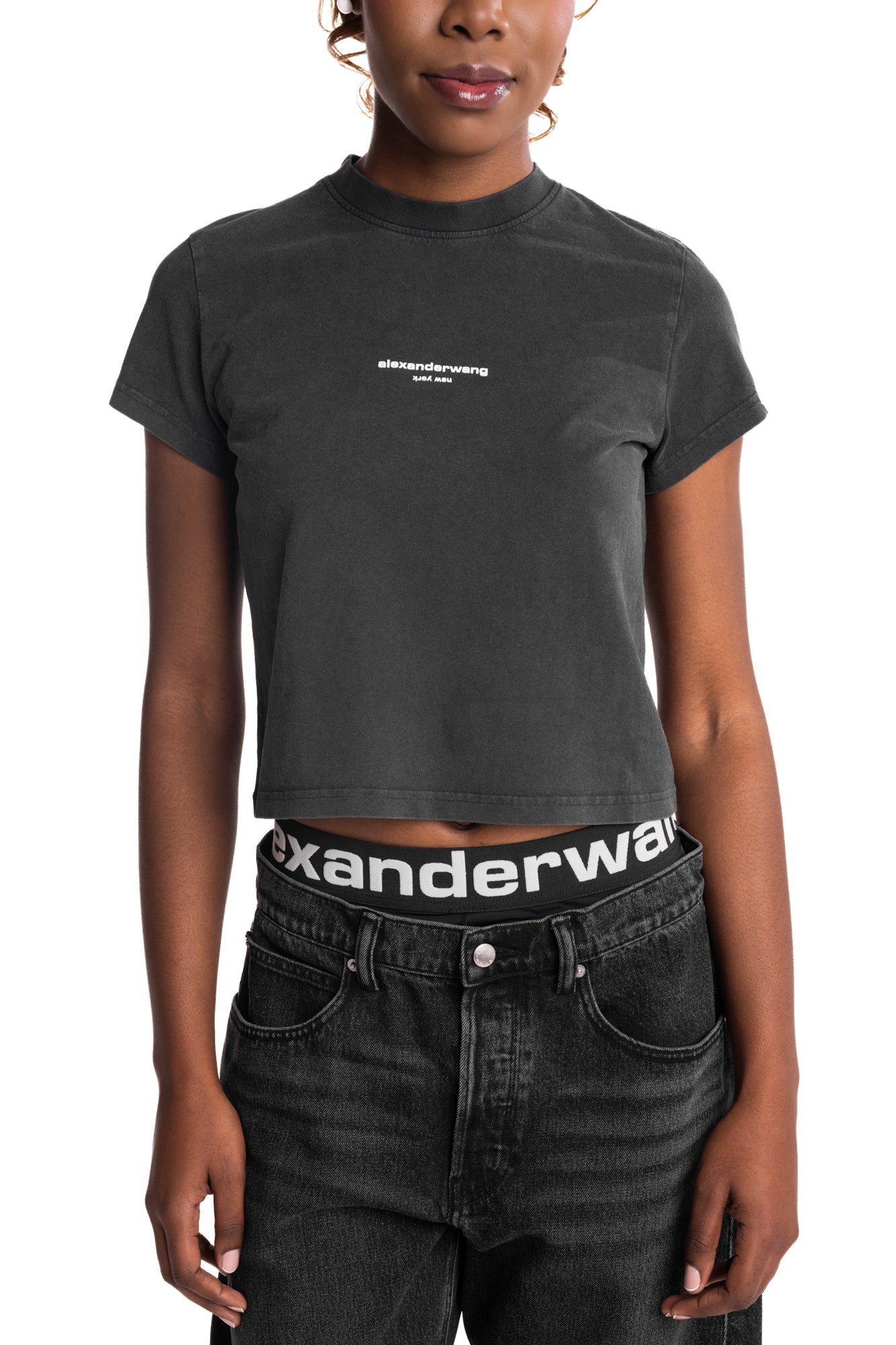 Alexander Wang Shrunken SS Tee w/Logo Print Washed Black | 1CC3261302-011