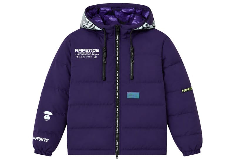 AAPE By A Bathing Ape Hooded Graphic Puffer Jacket Purple