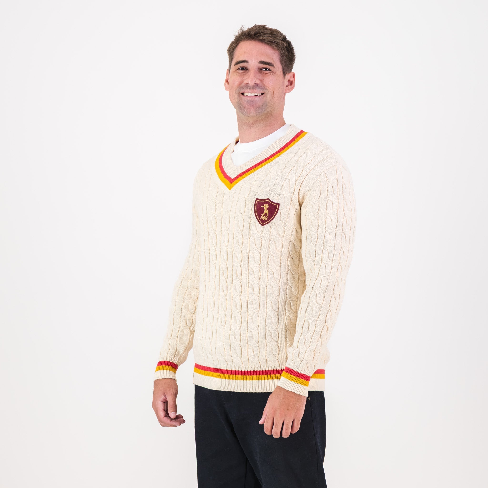 AB de Villiers 360 Small Logo V-neck Knitwear Cable Ivory
