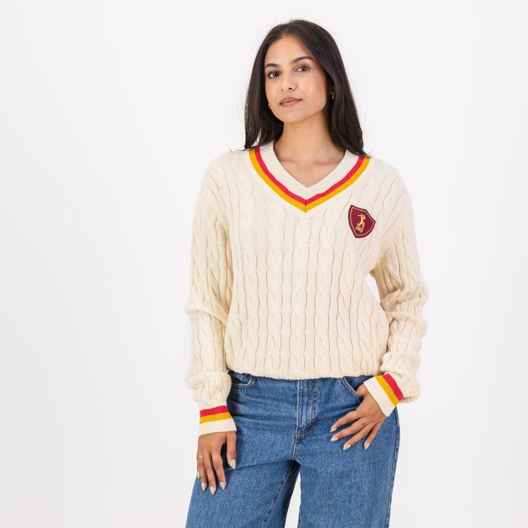 AB de Villiers 360 Small Logo V-neck Knitwear Cable Ivory