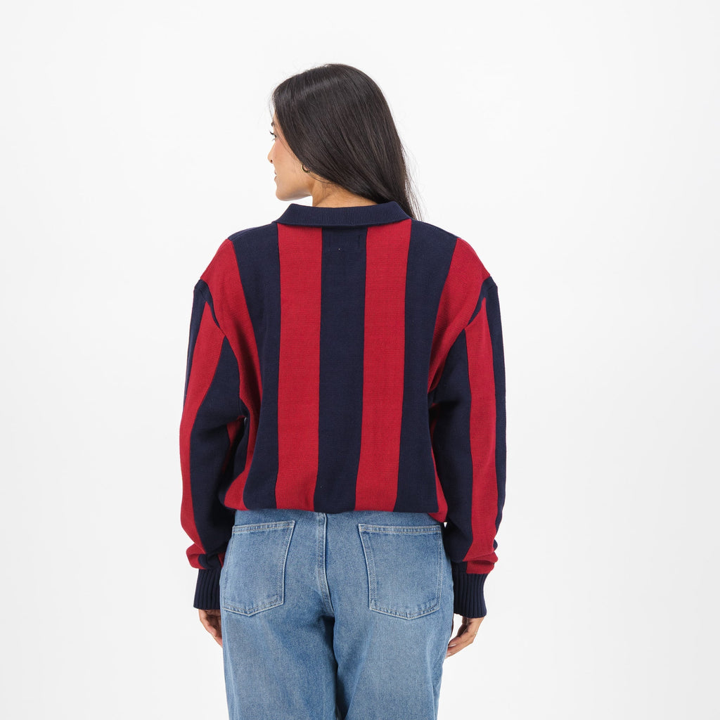 Barcelona FC Stripe  2 Button Polo Knitwear Long Sleeve Yarn Dye Navy