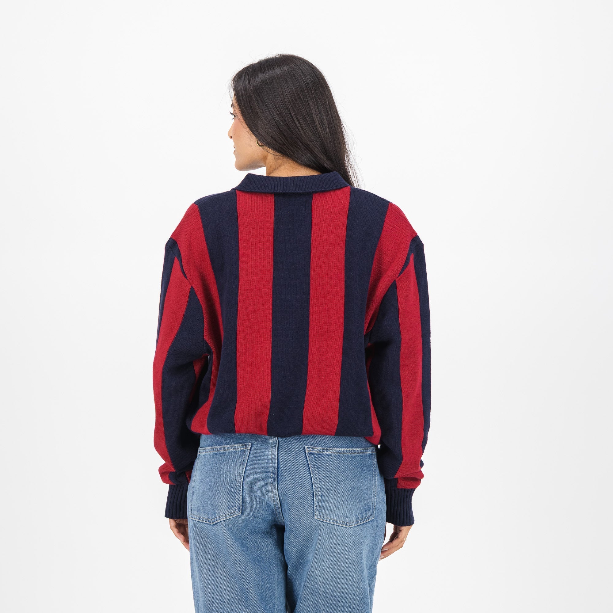 Barcelona FC Stripe  2 Button Polo Knitwear Long Sleeve Yarn Dye Navy