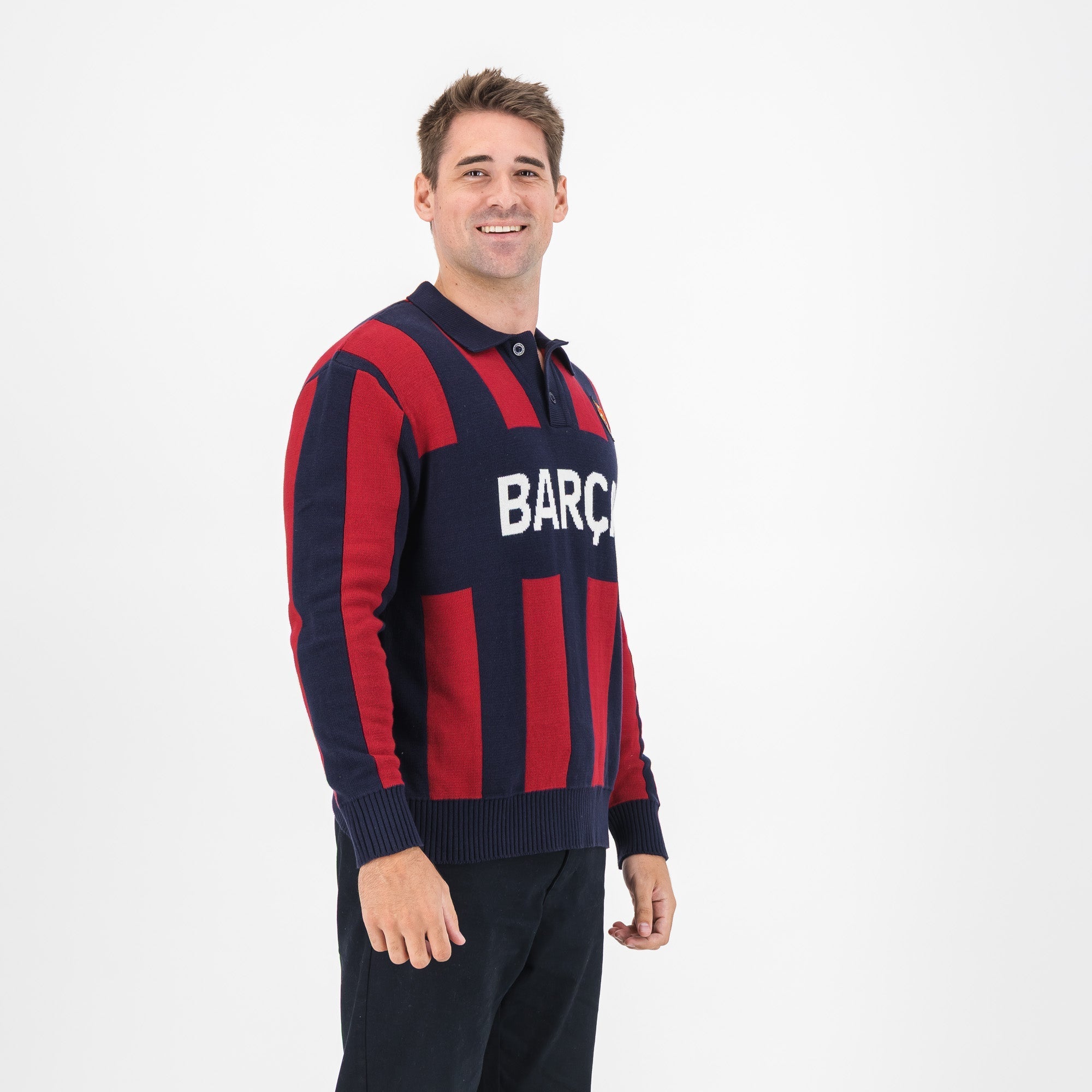 Barcelona FC Stripe  2 Button Polo Knitwear Long Sleeve Yarn Dye Navy