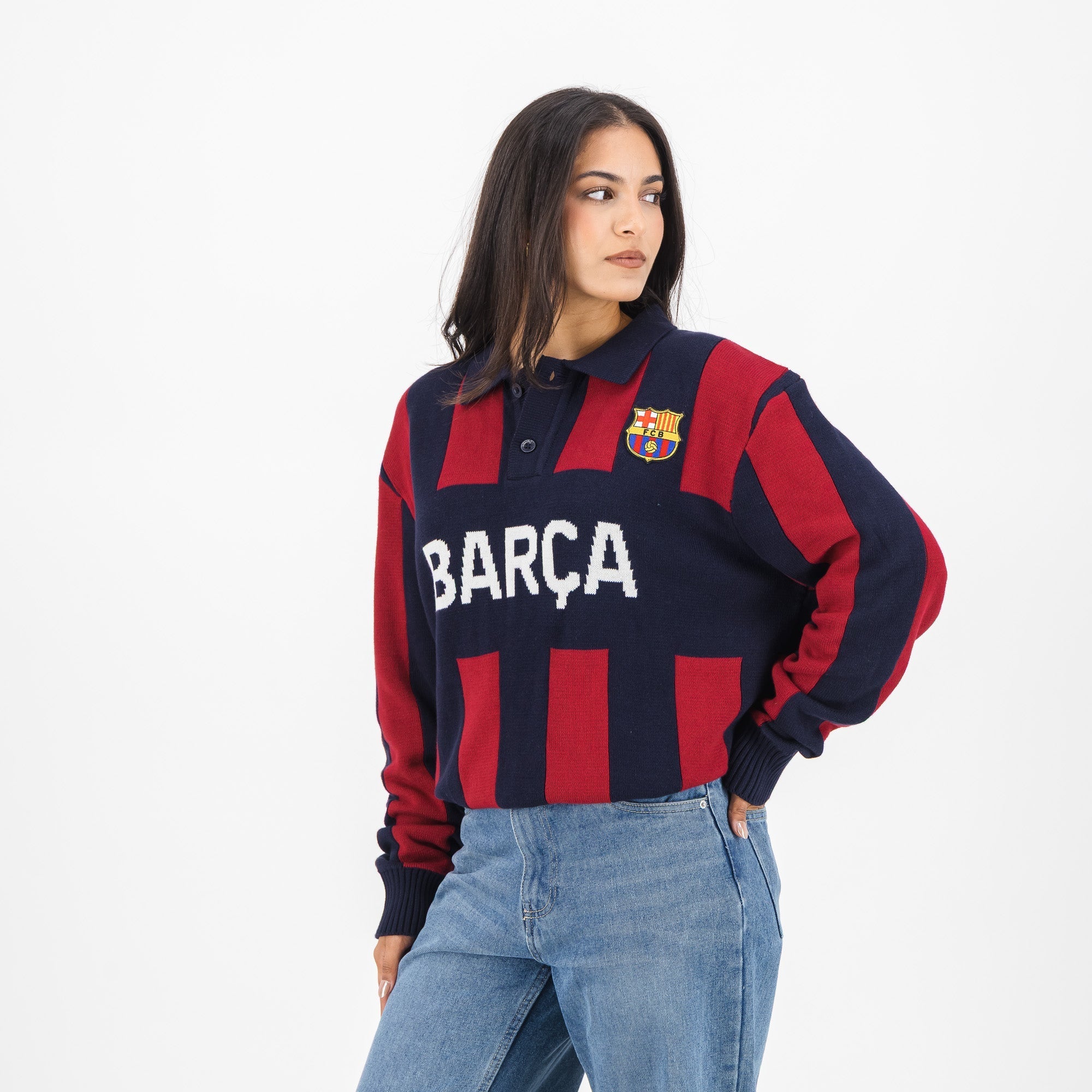 Barcelona FC Stripe  2 Button Polo Knitwear Long Sleeve Yarn Dye Navy