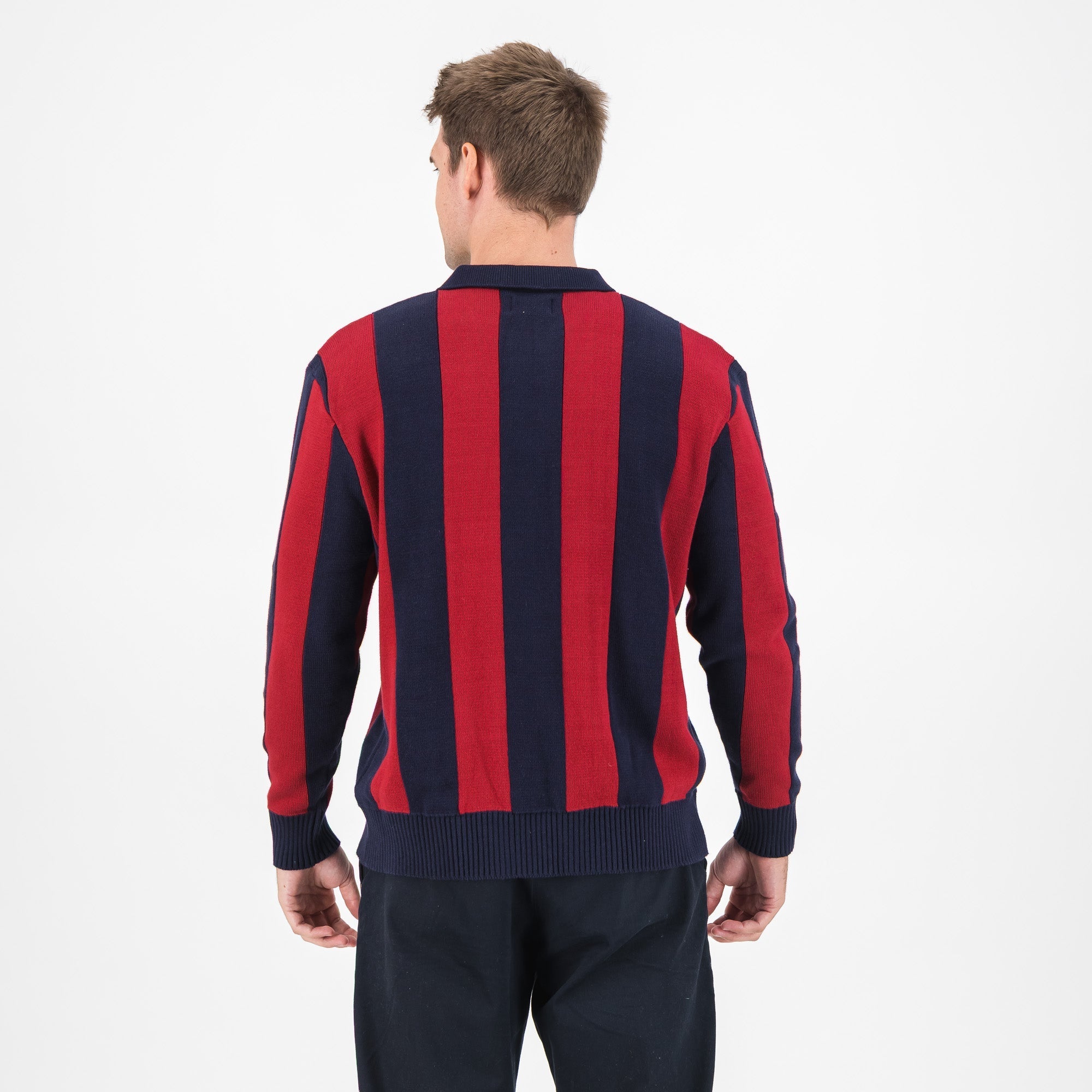 Barcelona FC Stripe  2 Button Polo Knitwear Long Sleeve Yarn Dye Navy