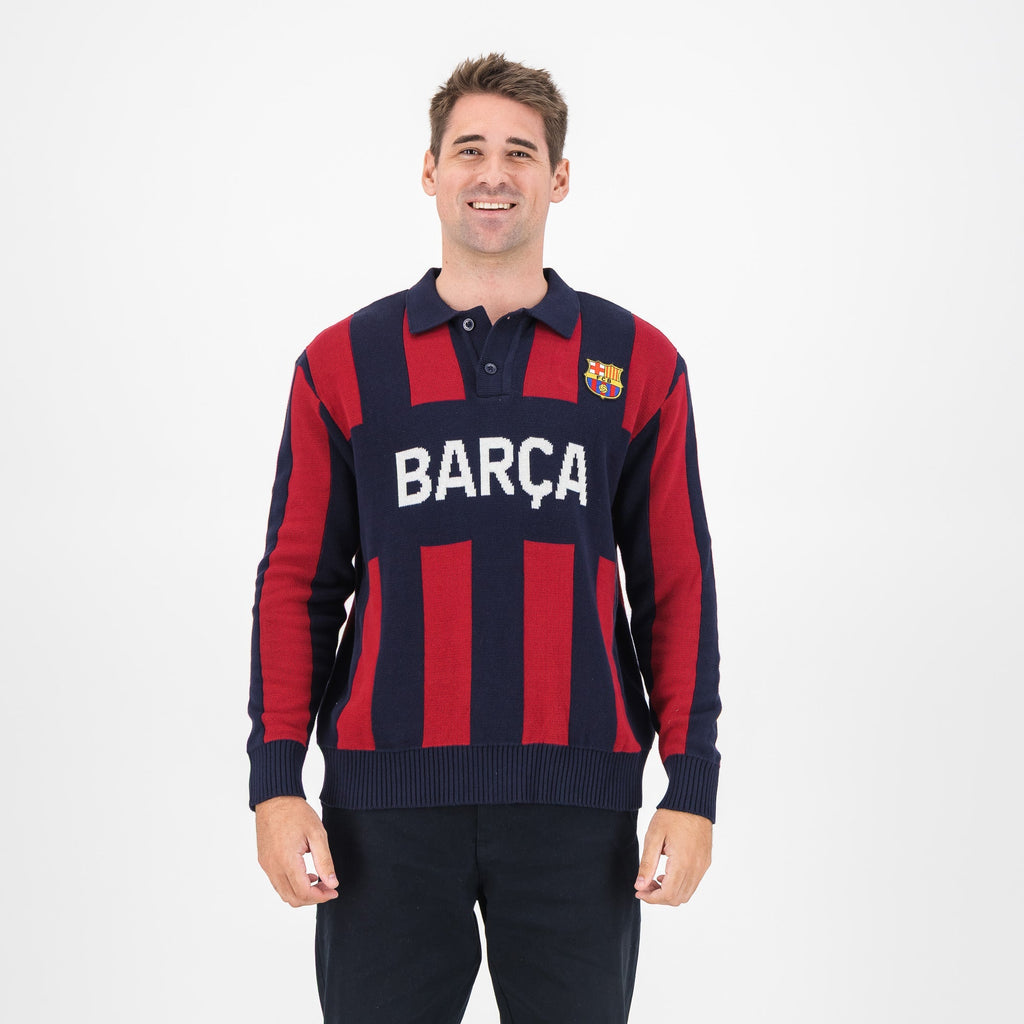 Barcelona FC Stripe  2 Button Polo Knitwear Long Sleeve Yarn Dye Navy