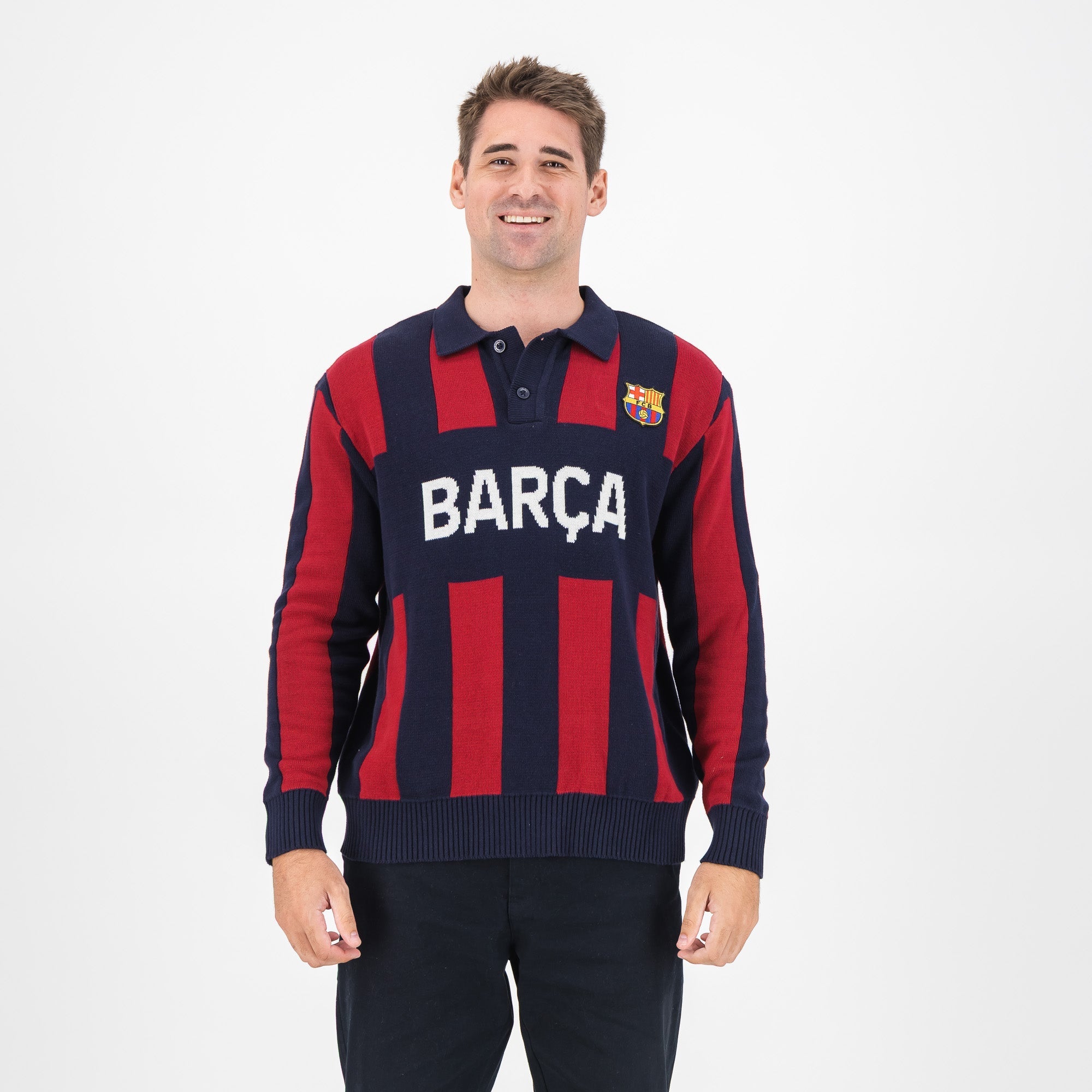Barcelona FC Stripe  2 Button Polo Knitwear Long Sleeve Yarn Dye Navy