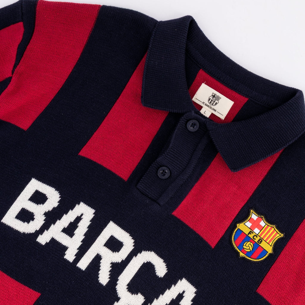 Barcelona FC Stripe  2 Button Polo Knitwear Long Sleeve Yarn Dye Navy