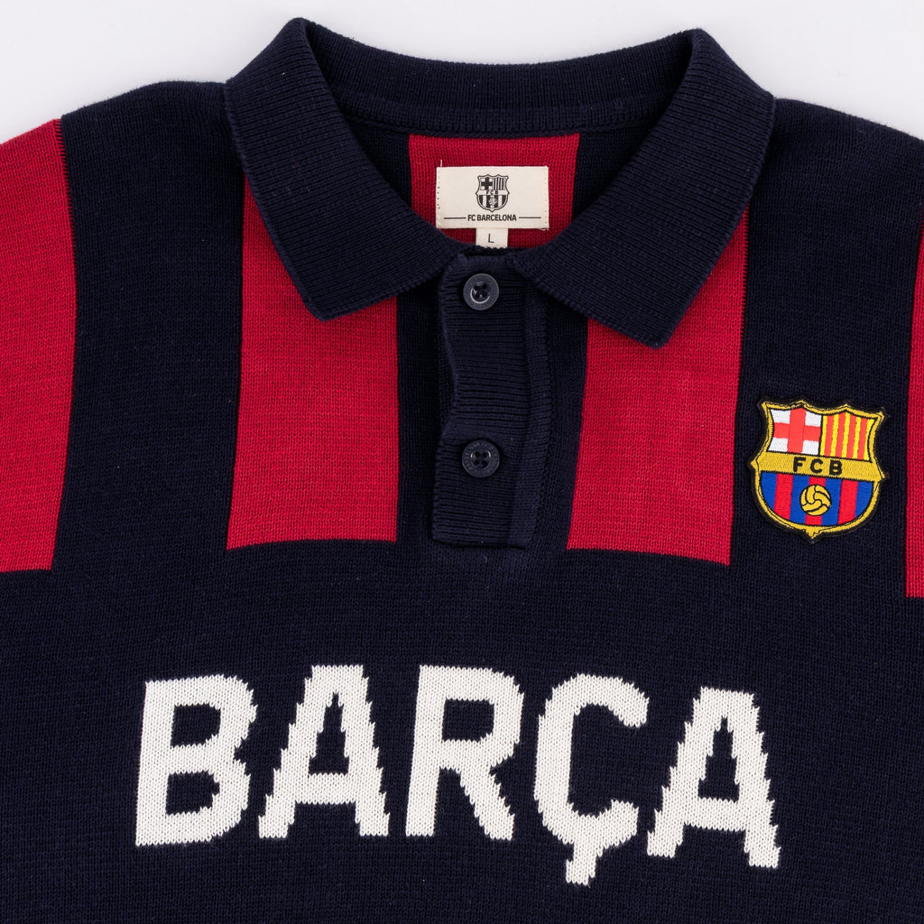 Barcelona FC Stripe  2 Button Polo Knitwear Long Sleeve Yarn Dye Navy