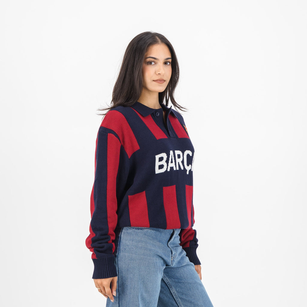 Barcelona FC Stripe  2 Button Polo Knitwear Long Sleeve Yarn Dye Navy
