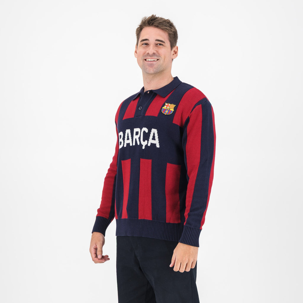 Barcelona FC Stripe  2 Button Polo Knitwear Long Sleeve Yarn Dye Navy