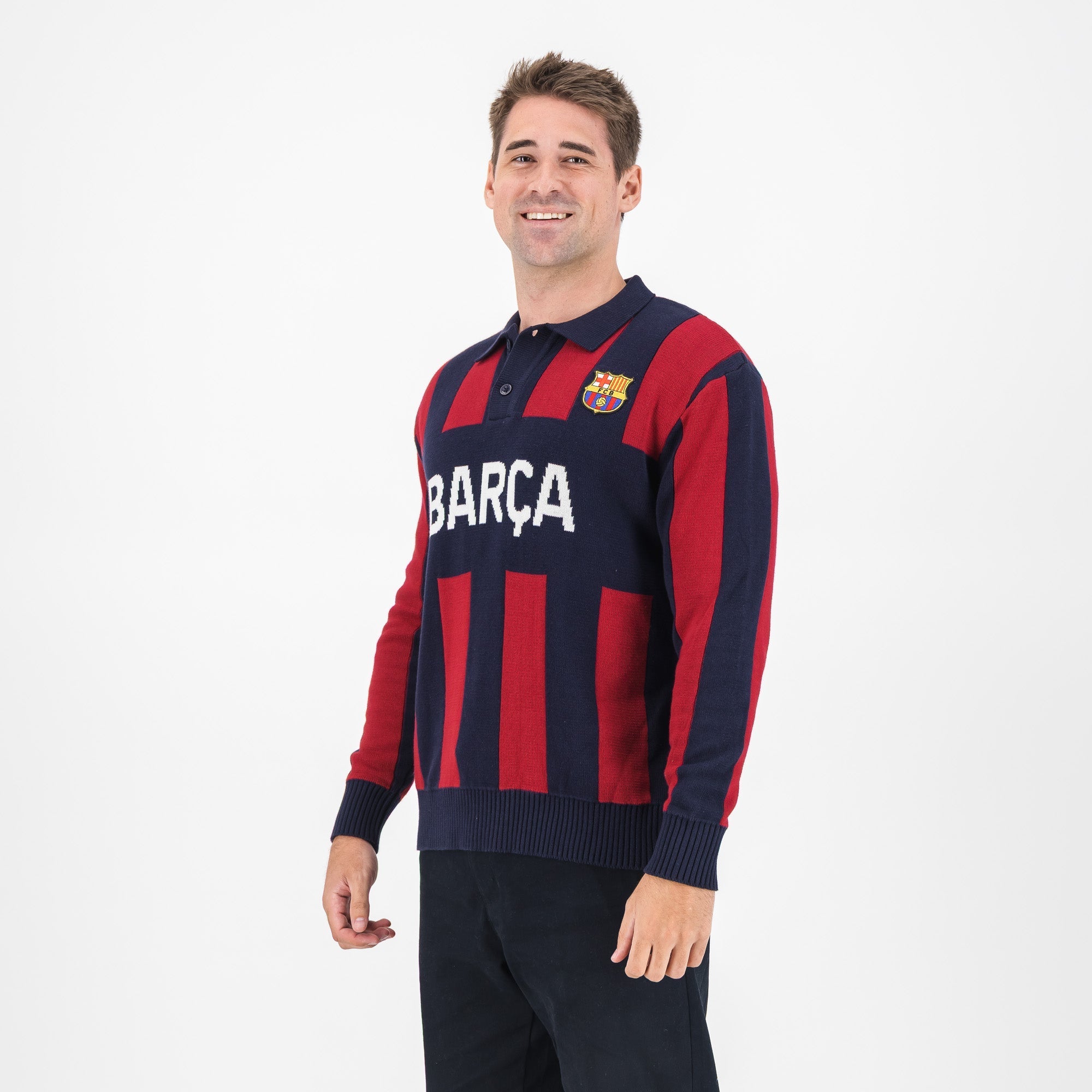 Barcelona FC Stripe  2 Button Polo Knitwear Long Sleeve Yarn Dye Navy