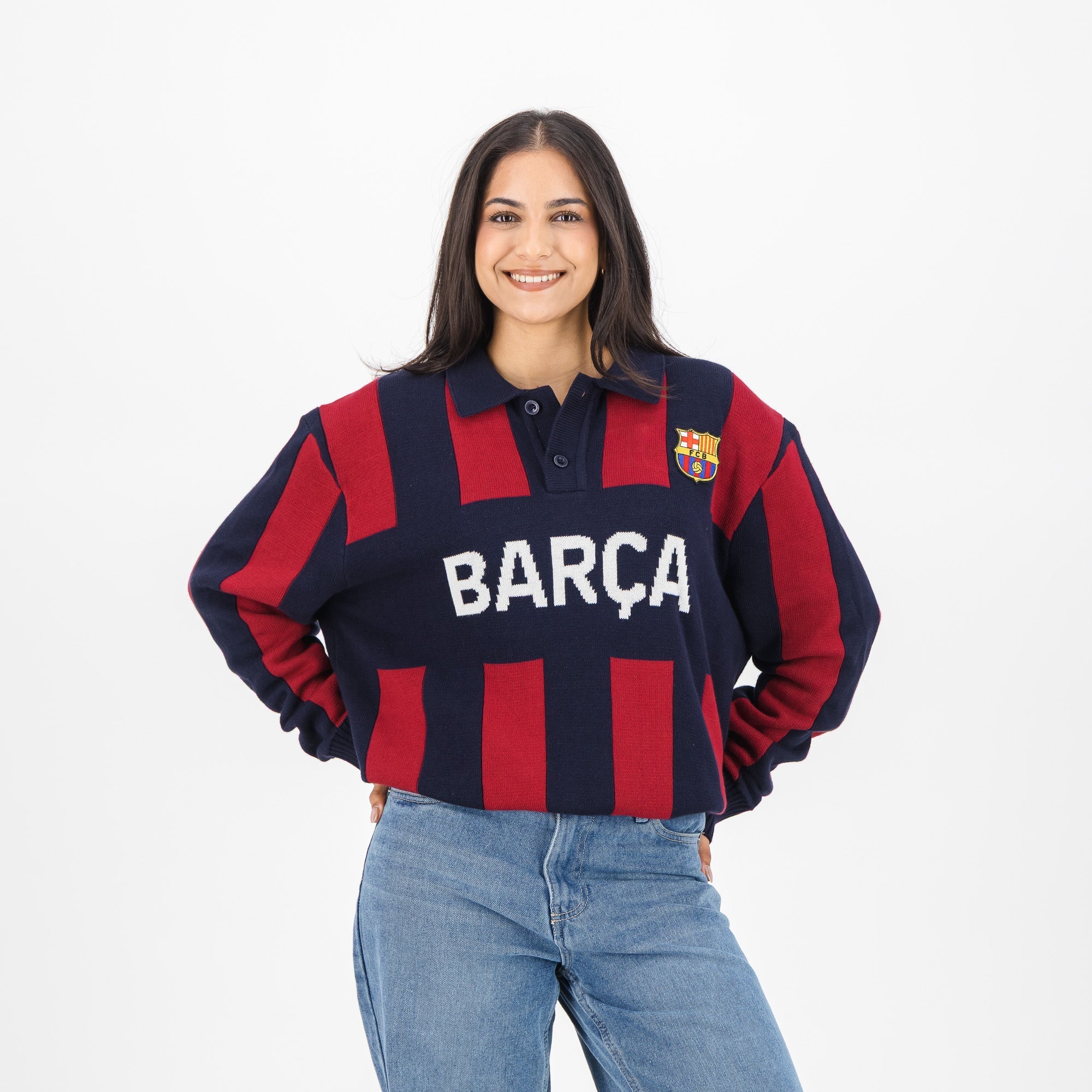 Barcelona FC Stripe  2 Button Polo Knitwear Long Sleeve Yarn Dye Navy