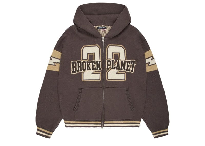 Broken Planet Varsity Knit Zip-Up Hoodie Chocolate Brown