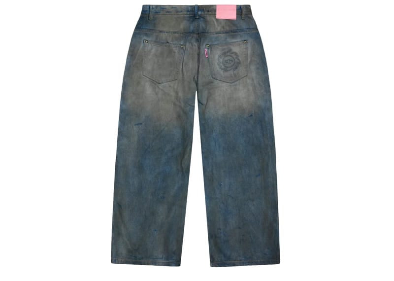 Broken Planet Market Wide Leg Distressed Denim Jeans Dark Blue