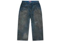 Broken Planet Market Wide Leg Distressed Denim Jeans Dark Blue