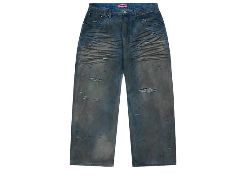 Broken Planet Market Wide Leg Distressed Denim Jeans Dark Blue