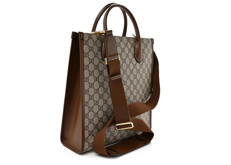 Gucci GG Supreme Monogram Textured Dollar Calfskin Web Small Retro Interlocking G Vertical Tote Bag Beige Ebony Brown Sugar