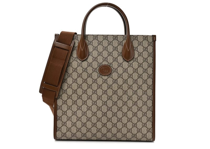 Gucci GG Supreme Monogram Textured Dollar Calfskin Web Small Retro Interlocking G Vertical Tote Bag Beige Ebony Brown Sugar