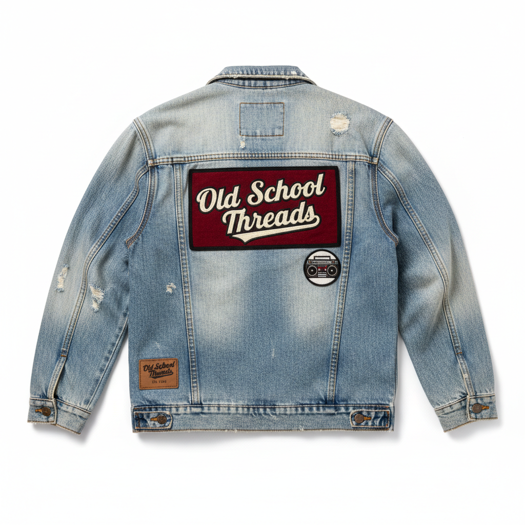 Old School Threads Distressed Denim Jacket flat lay