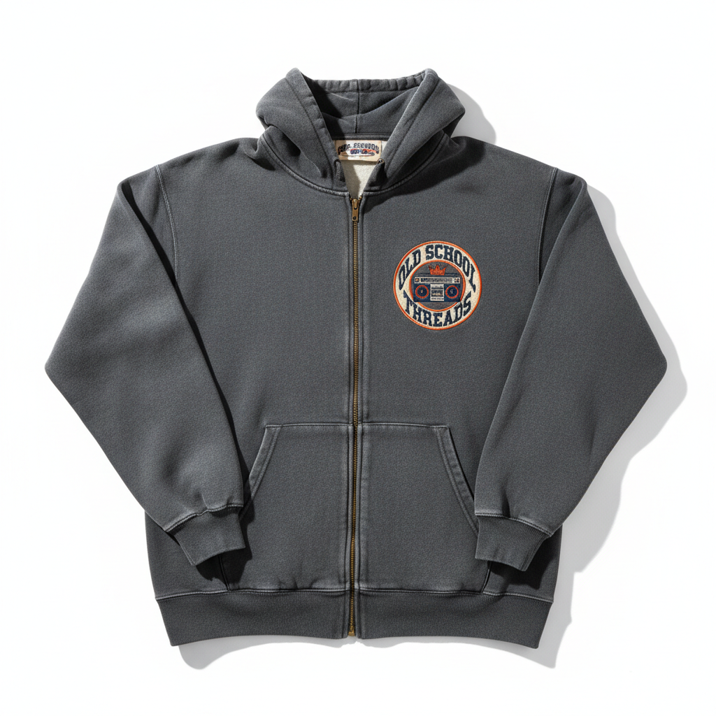Old School Threads Zip-Up Hoodie flat lay