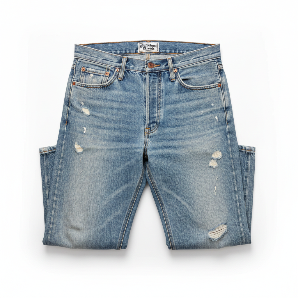 Old School Threads Vintage Distressed Jeans flat lay