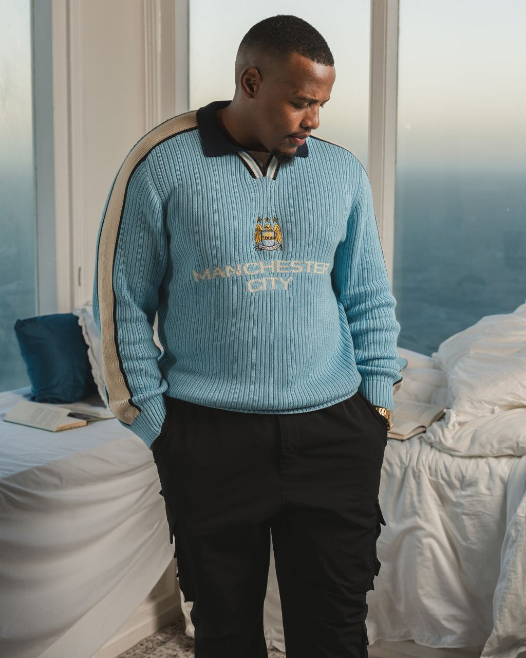Manchester City Retro LS Knit Jersey-Sky Blue