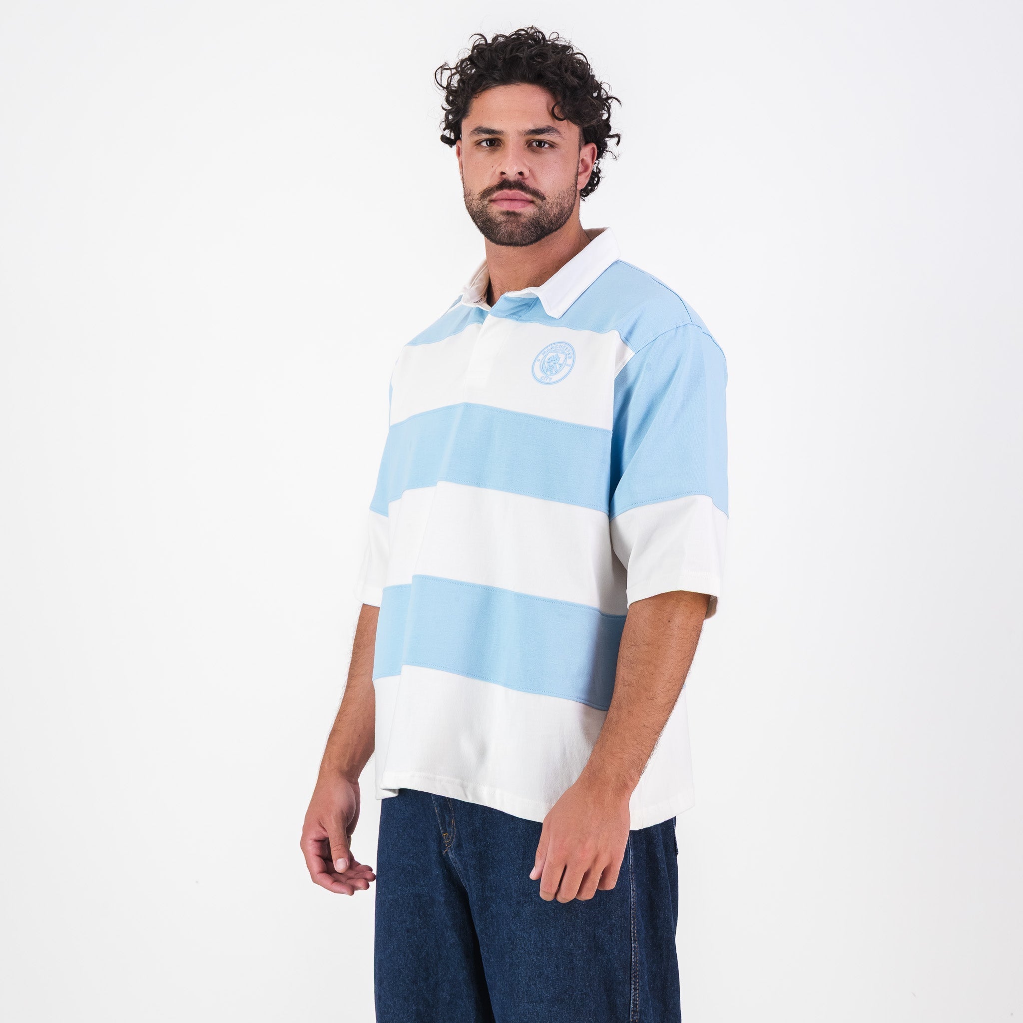 Manchester City YD Stripe SS Rugby Polo-Sky Blue