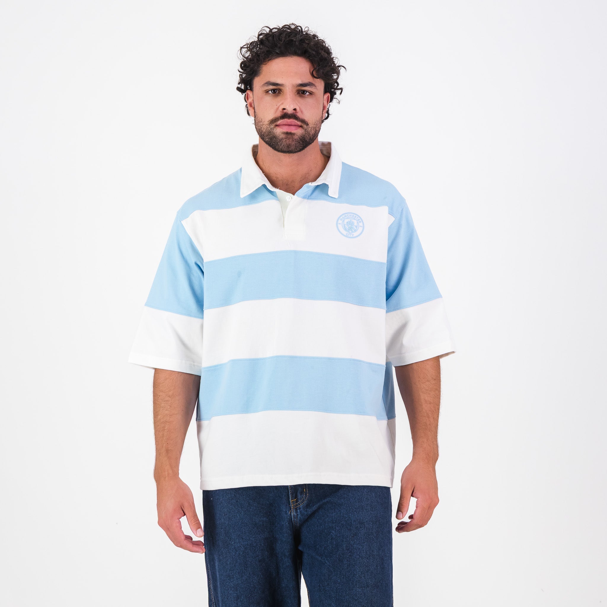 Manchester City YD Stripe SS Rugby Polo-Sky Blue