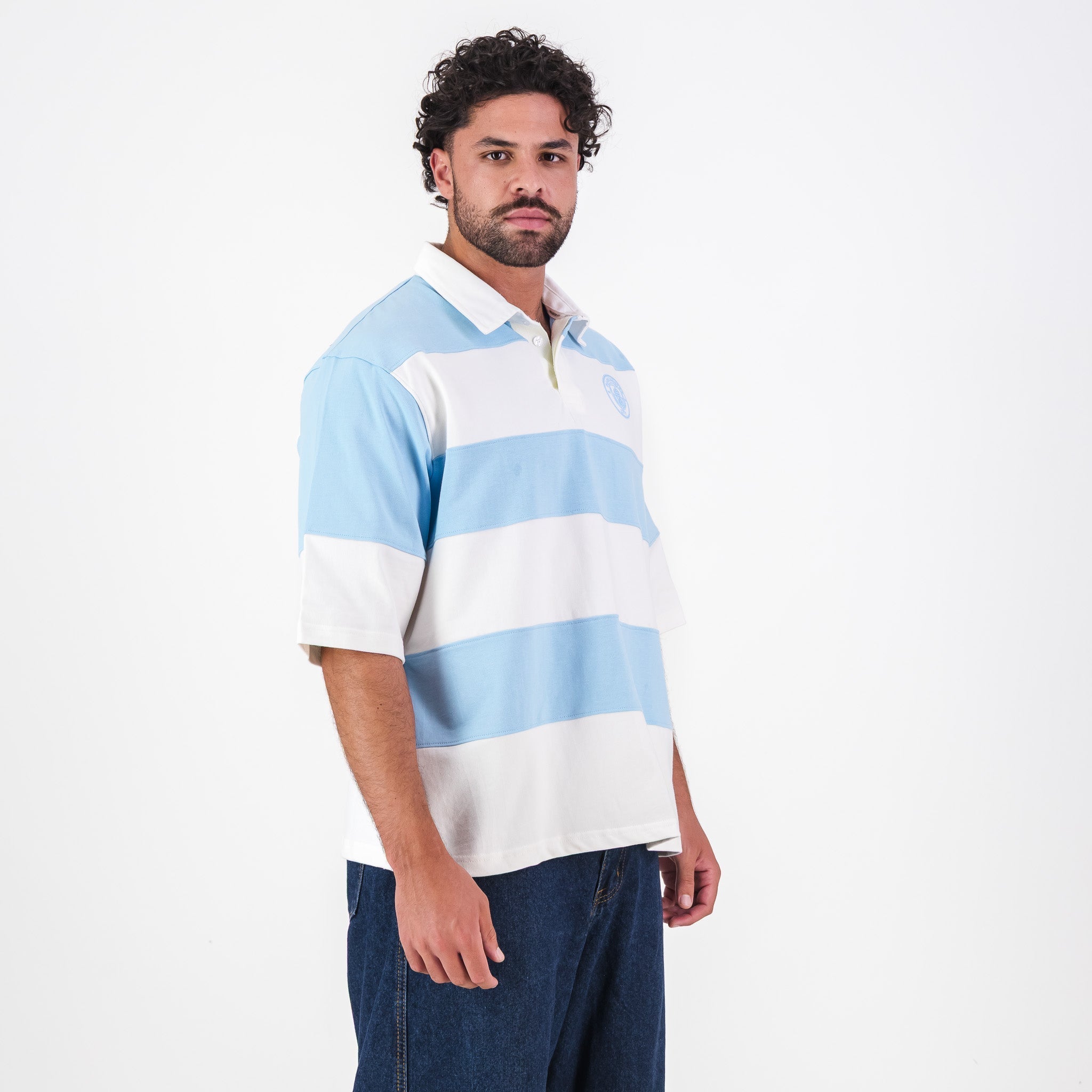 Manchester City YD Stripe SS Rugby Polo-Sky Blue