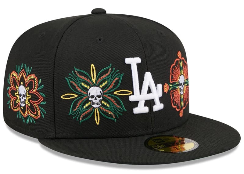 New Era Los Angeles Dodgers Day Of The Dead Skull & Flowers 59FIFTY Fitted Hat Black 7 5/8