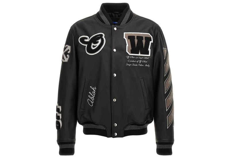 Off-White c/o Virgil Abloh Leather Varsity Jacket Logo Patches Black