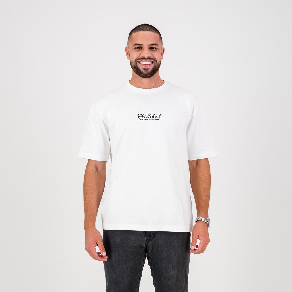 Old School Script Boxy Crew Tee-White