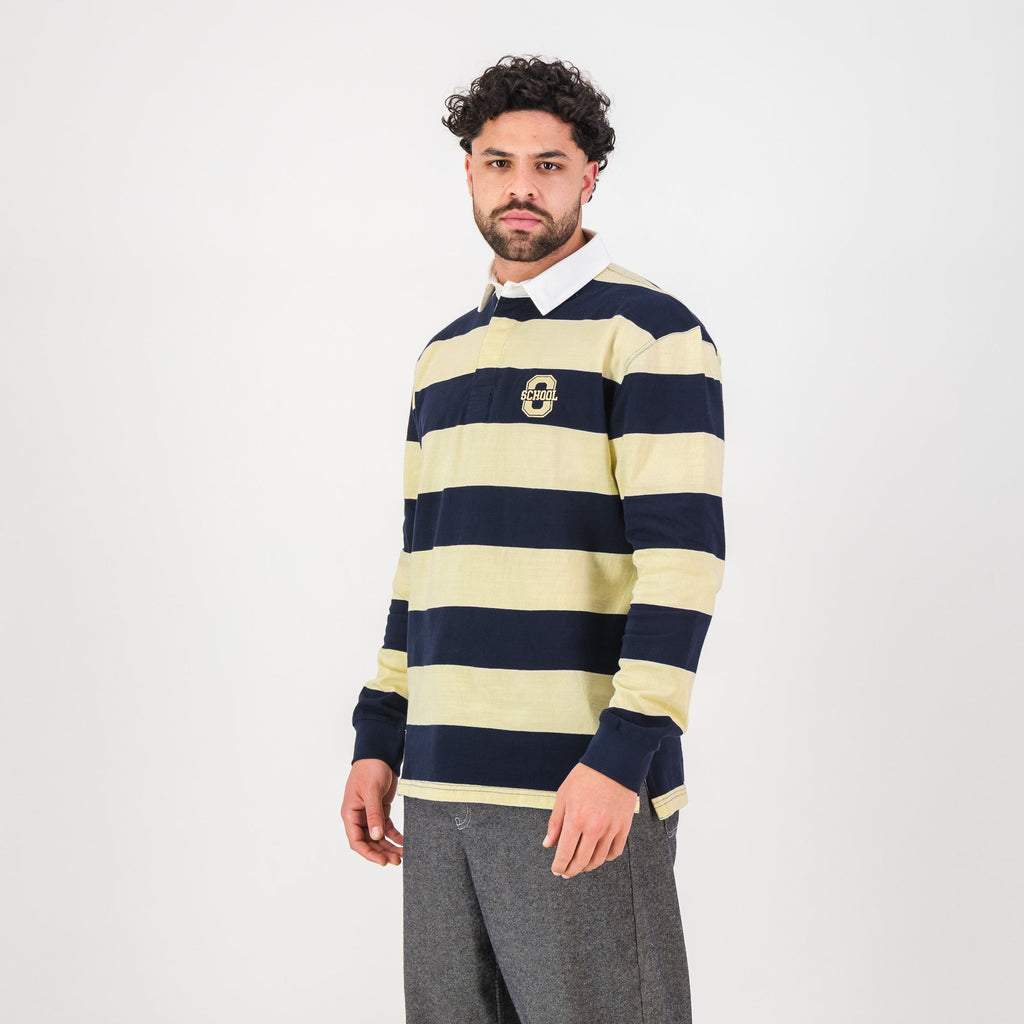 Old School YD Stripe 8X8 LS Rugby Jersey-Navy