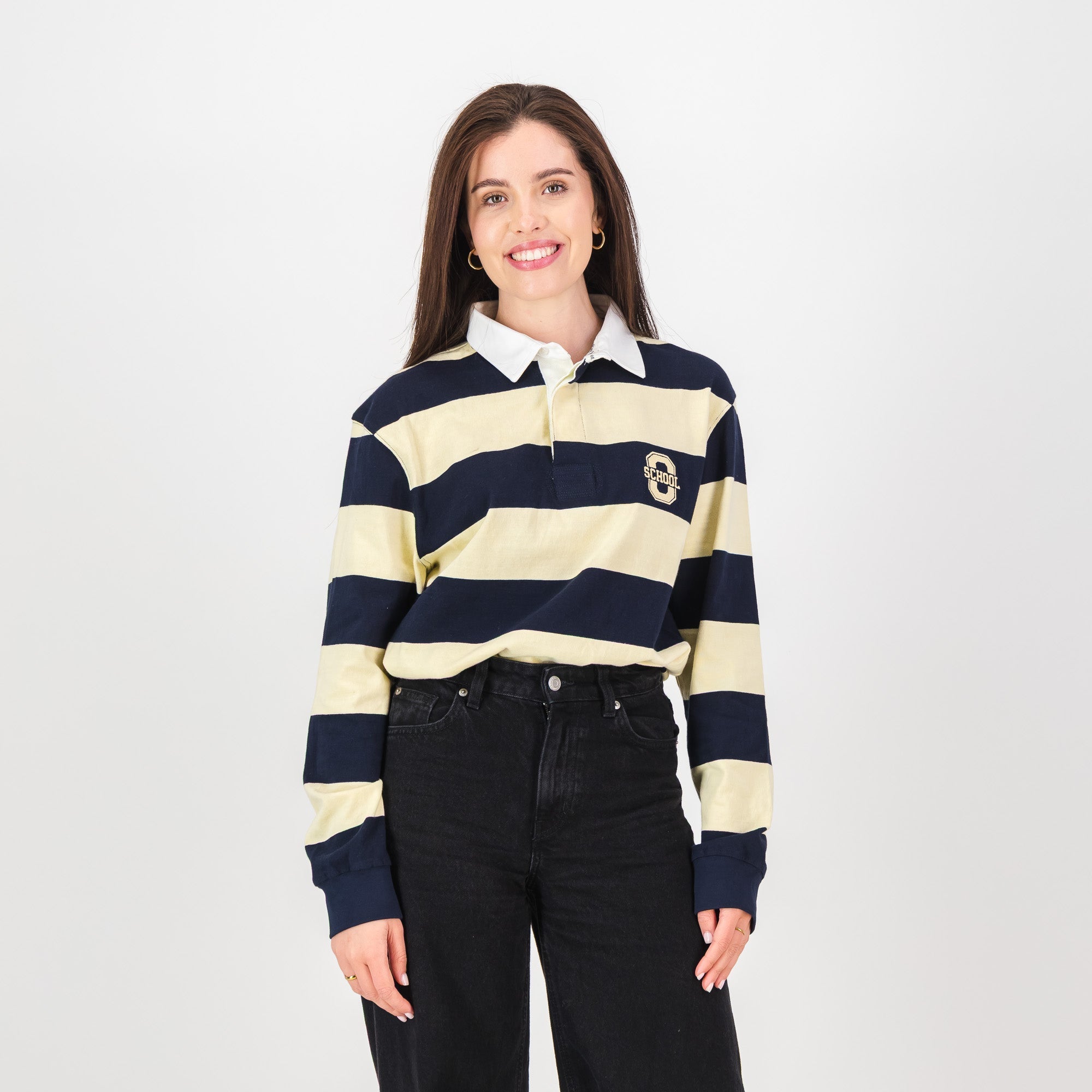 Old School YD Stripe 8X8 LS Rugby Jersey-Navy