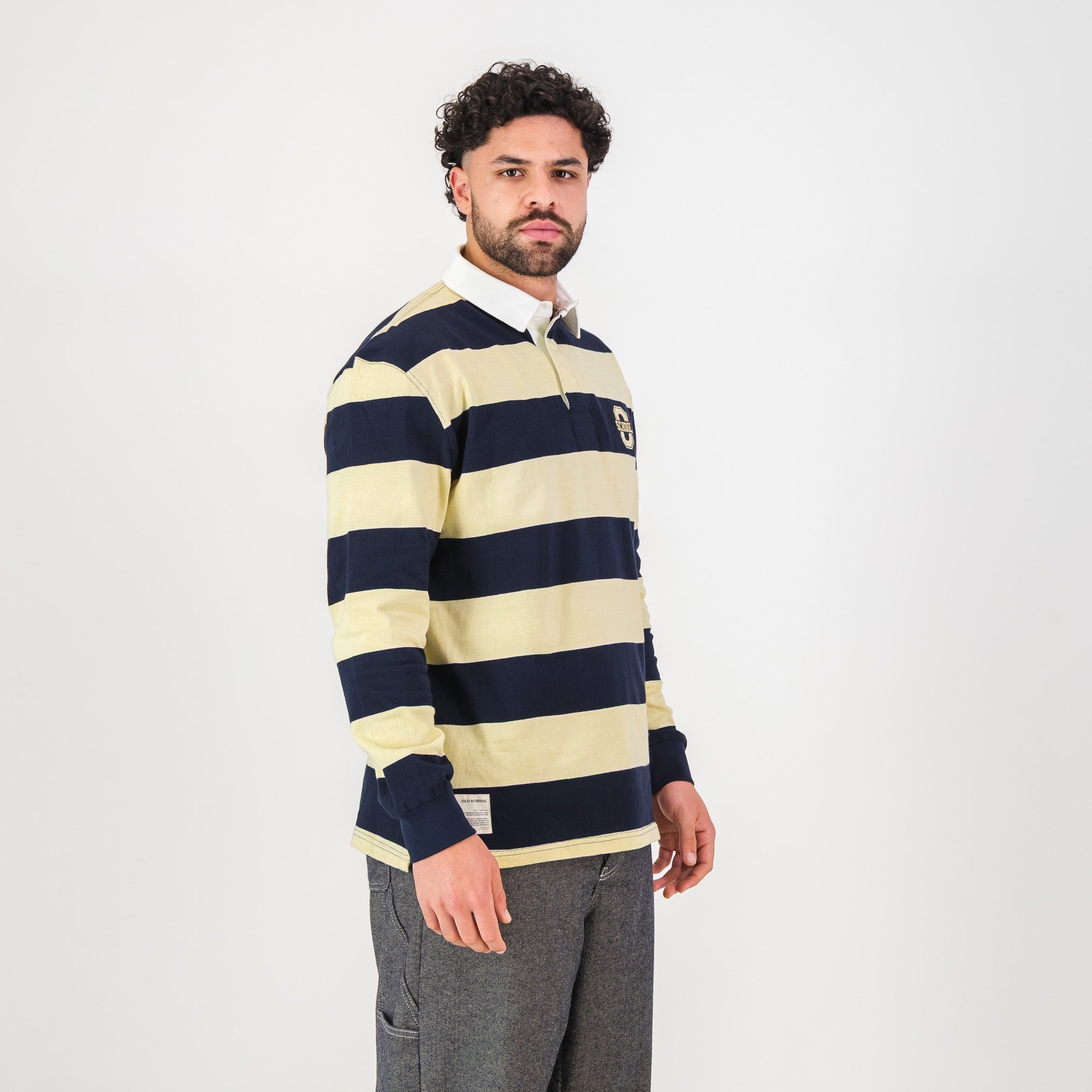 Old School YD Stripe 8X8 LS Rugby Jersey-Navy