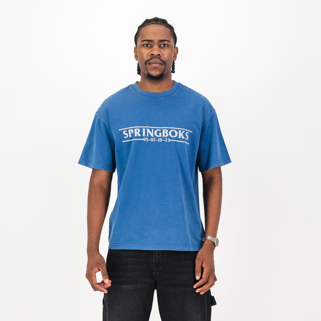 Springboks Four Wins Acid Wash Boxy Crew Tee-Navy